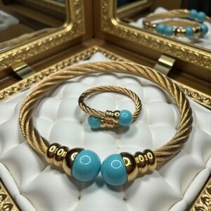 18k Gold Plated Twisted Cable Turquoise Ball Cabochon Bracelet & Matching Ring